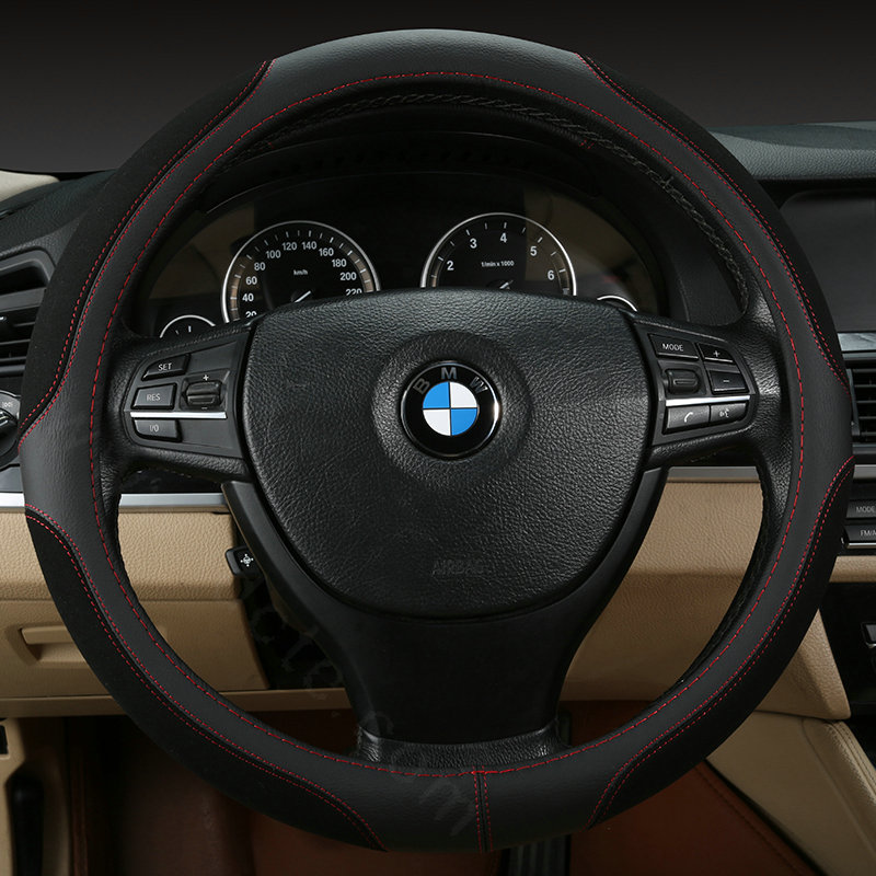 Luxury Genuine Leather Suede Car Steering Wheels Covers Universal 15 Inch - Black