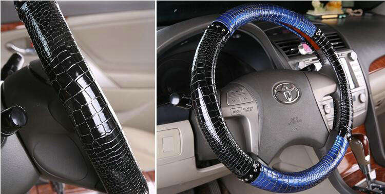 Man Crocodile Pattern Rivet Car Steering Wheel Covers Bright Leather 15 inch 38CM - Black Blue