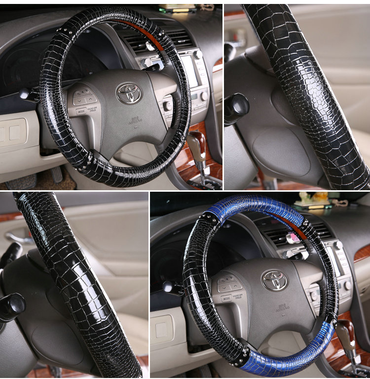 Man Crocodile Pattern Rivet Car Steering Wheel Covers Bright Leather 15 inch 38CM - Black