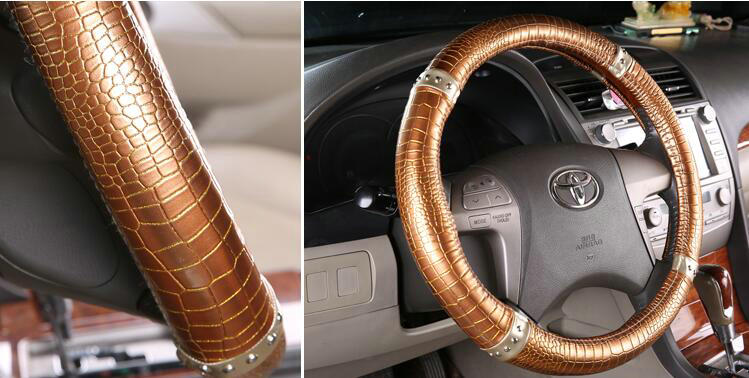 Man Crocodile Pattern Rivet Car Steering Wheel Covers Bright Leather 15 inch 38CM - Gold