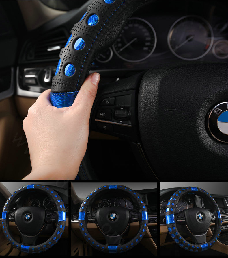 Man Hollow Anti-slip Glitter Car Steering Wheel Covers PU Leather 15 inch 38CM - Blue