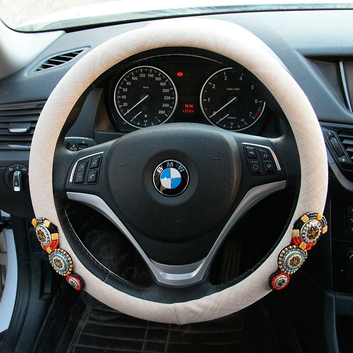 National Style Beaded Flax Universal Car Steering Wheel Covers 15 inch 38CM - Beige