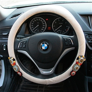 National Style Beaded Flax Universal Car Steering Wheel Covers 15 inch 38CM - Beige