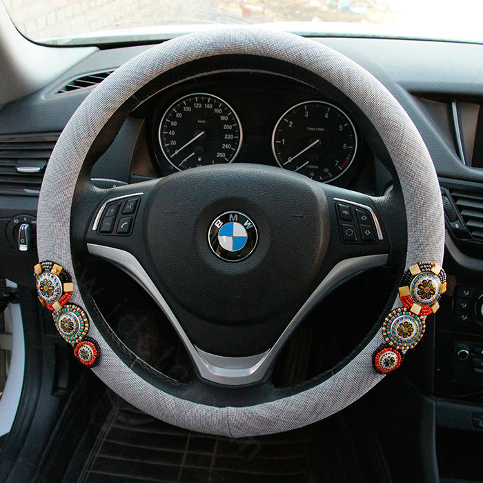 National Style Beaded Flax Universal Car Steering Wheel Covers 15 inch 38CM - Gray