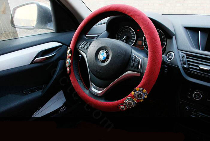 National Style Beaded Flax Universal Car Steering Wheel Covers 15 inch 38CM - Red