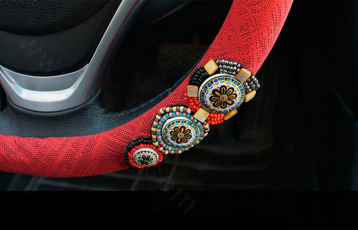 National Style Beaded Flax Universal Car Steering Wheel Covers 15 inch 38CM - Red