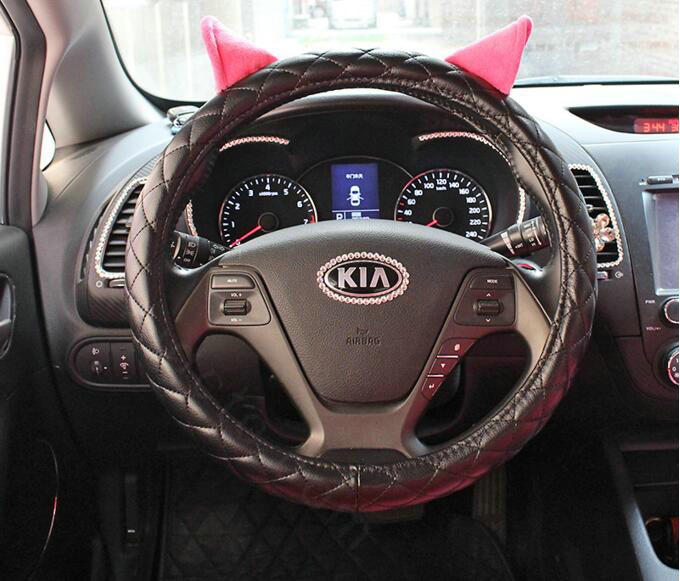 Personality Ears PU Leather Universal Car Steering Wheel Covers 15 inch - Black Rose