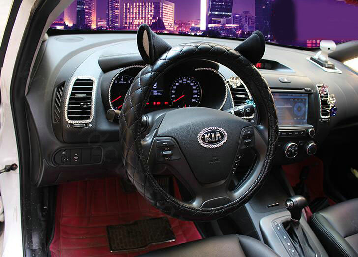 Personality Ears PU Leather Universal Car Steering Wheel Covers 15 inch - Black