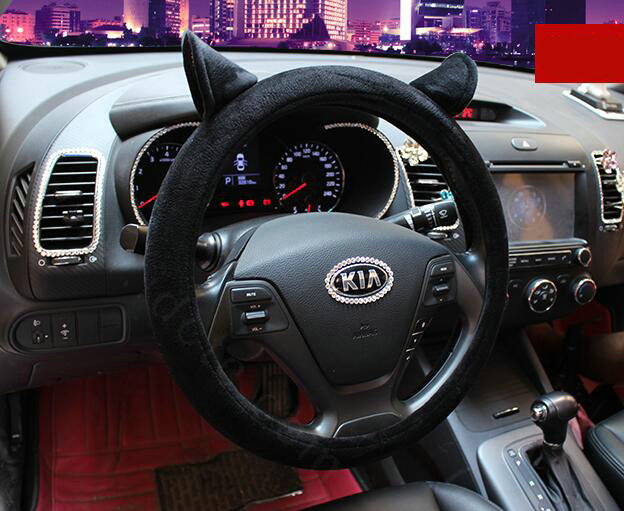 Personality Ears Short Plush Universal Car Steering Wheel Covers 15 inch - Black