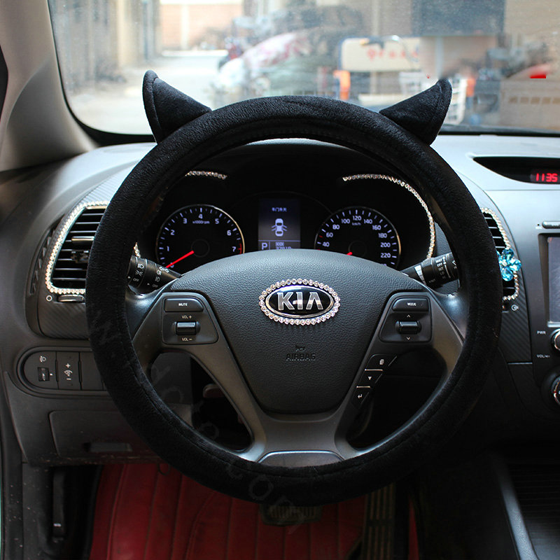 Personality Ears Short Plush Universal Car Steering Wheel Covers 15 inch - Black