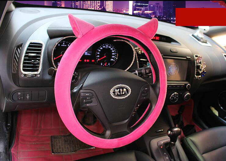 Personality Ears Short Plush Universal Car Steering Wheel Covers 15 inch - Rose