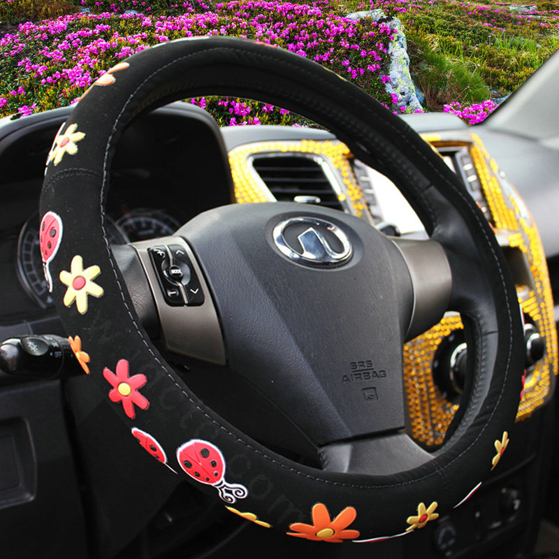 Personalized Beetle Flower Leather Universal Car Steering Wheel Covers 15 inch - Black
