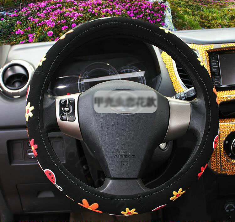Personalized Beetle Flower Leather Universal Car Steering Wheel Covers 15 inch - Black