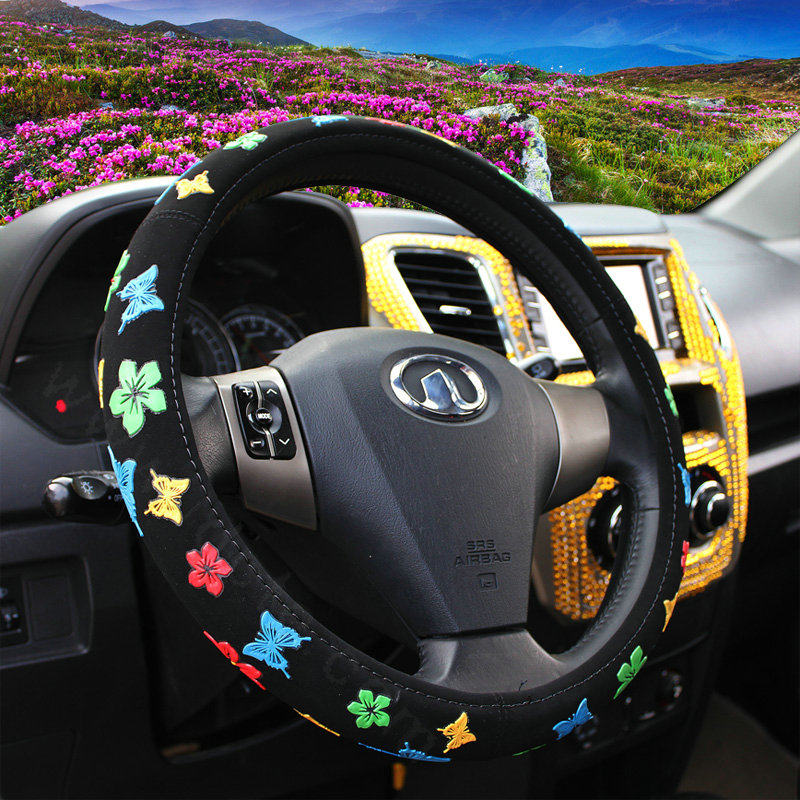 Personalized Butterfly Flower Leather Universal Car Steering Wheel Covers 15 inch - Black