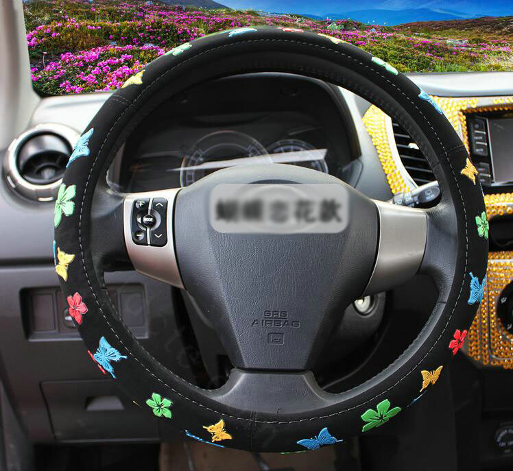 Personalized Butterfly Flower Leather Universal Car Steering Wheel Covers 15 inch - Black