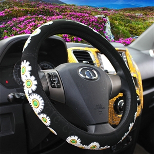 Personalized Daisy Fiber Leather Universal Car Steering Wheel Covers 15 inch - Black