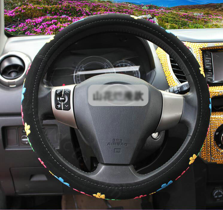 Personalized Flower Leather Universal Car Steering Wheel Covers 15 inch - Black