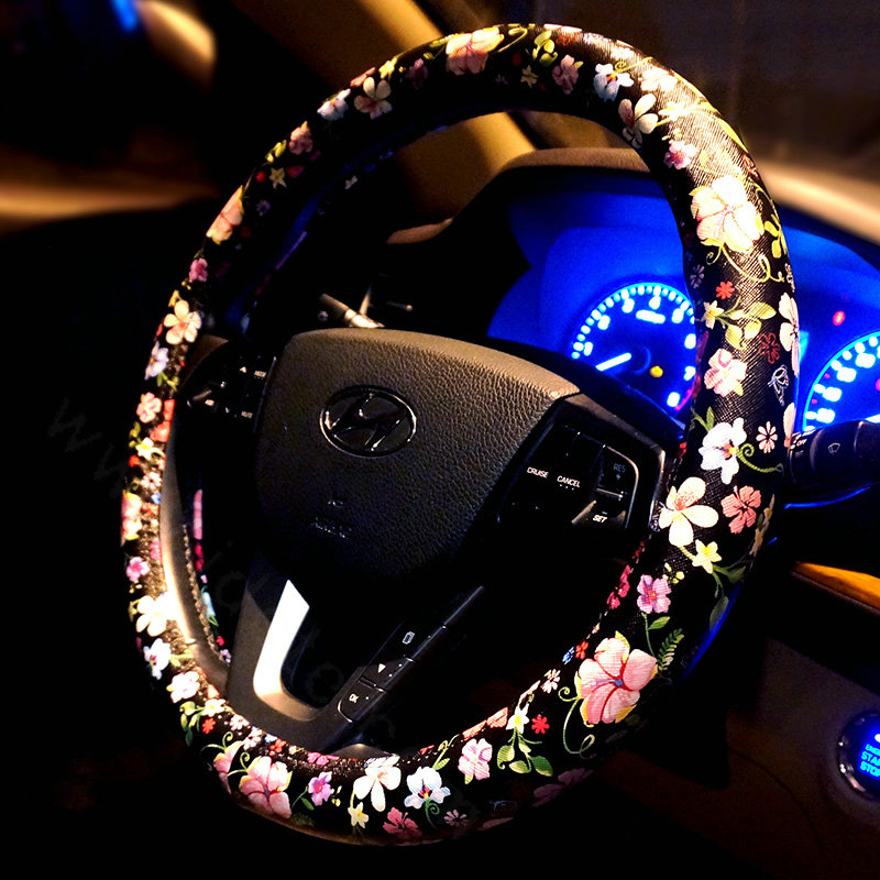 Personalized Flower Print Car Steering Wheel Covers PU Leather Universal 15 inch - Black