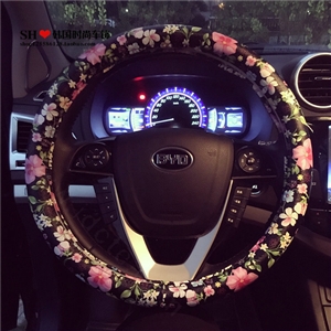 Personalized Flower Print Car Steering Wheel Covers PU Leather Universal 15 inch - Black