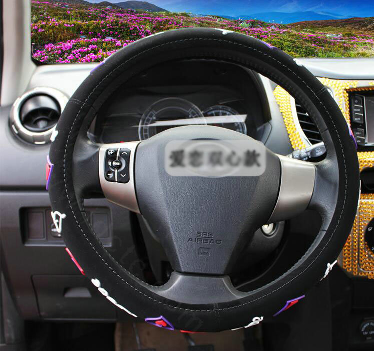 Personalized Hearts Fiber Leather Universal Car Steering Wheel Covers 15 inch - Black