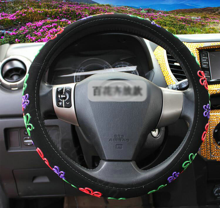 Personalized Hollow Flower Leather Universal Car Steering Wheel Covers 15 inch - Black