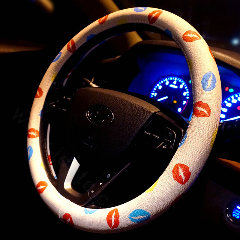 Personalized Lips Print Car Steering Wheel Covers PU Leather Universal 15 inch - White