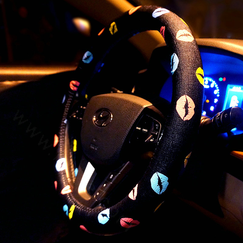 Personalized Sexy Lips PU Leather Universal Car Steering Wheel Covers 15 inch - Black