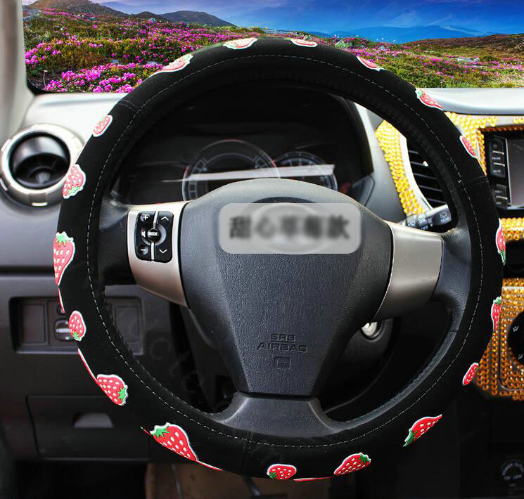 Personalized Strawberry Leather Universal Car Steering Wheel Covers 15 inch - Black