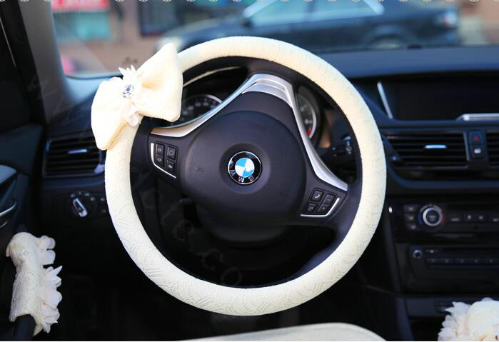 Princess Bowknot Lace Universal Car Steering Wheel Covers 15 inch 38CM - Beige