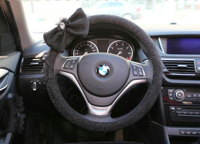 Princess Bowknot Lace Universal Car Steering Wheel Covers 15 inch 38CM - Black