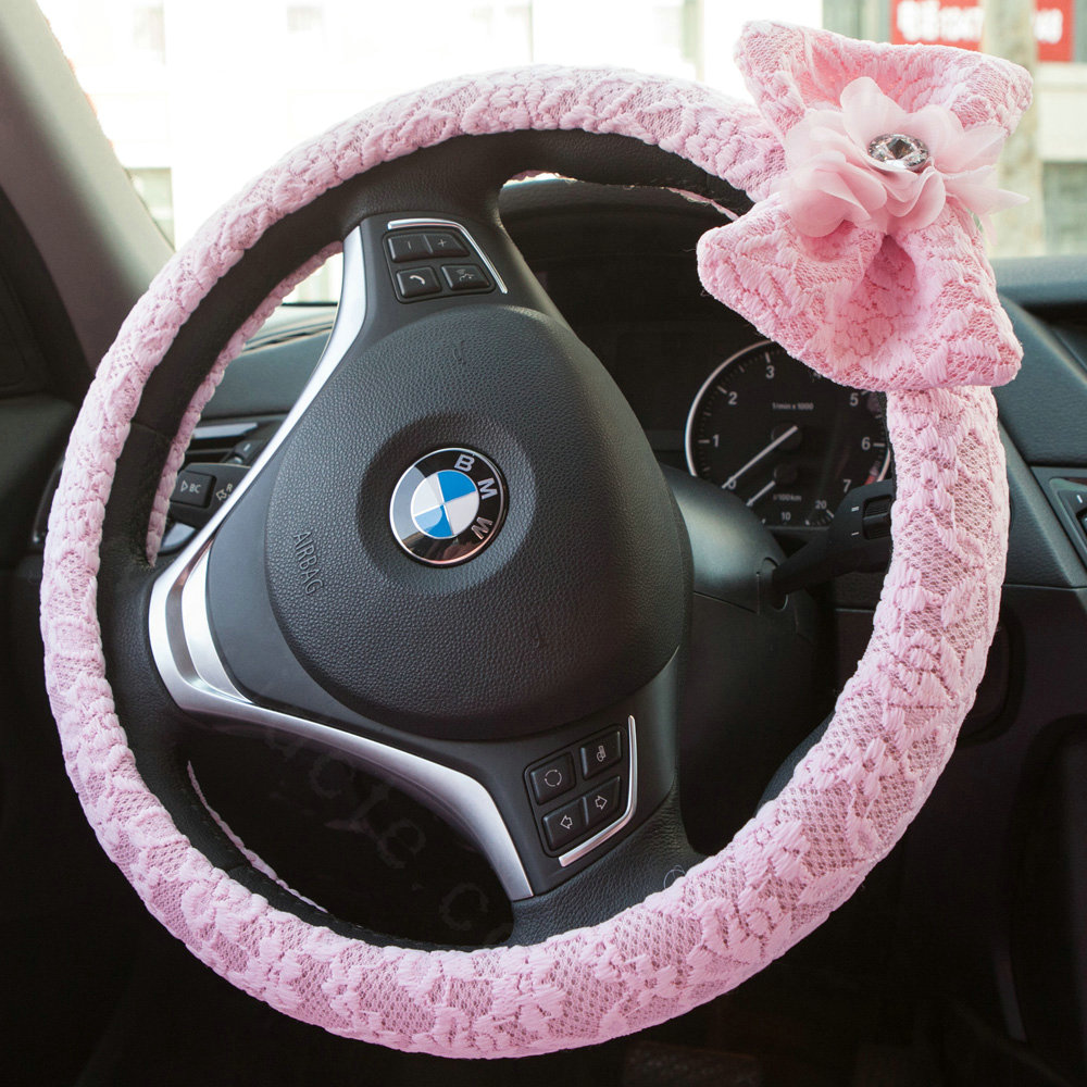 Princess Bowknot Lace Universal Car Steering Wheel Covers 15 inch 38CM - Pink