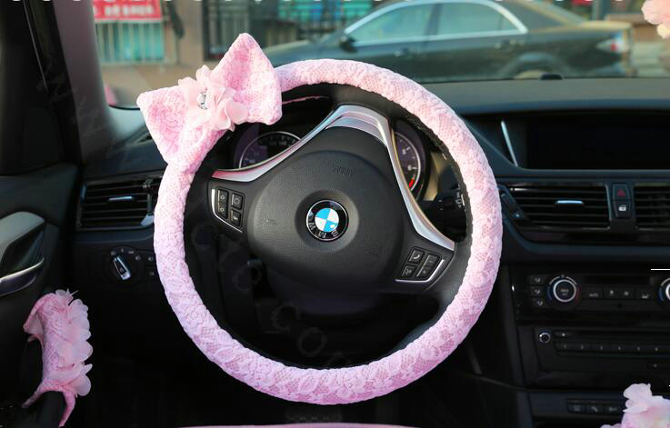 Princess Bowknot Lace Universal Car Steering Wheel Covers 15 inch 38CM - Pink