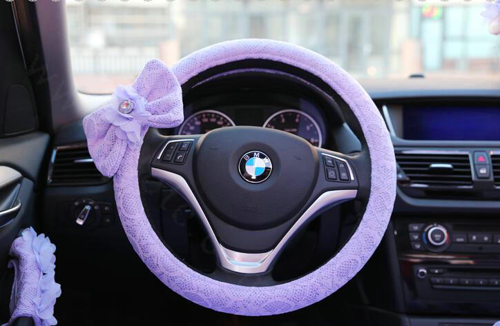 Princess Bowknot Lace Universal Car Steering Wheel Covers 15 inch 38CM - Purple