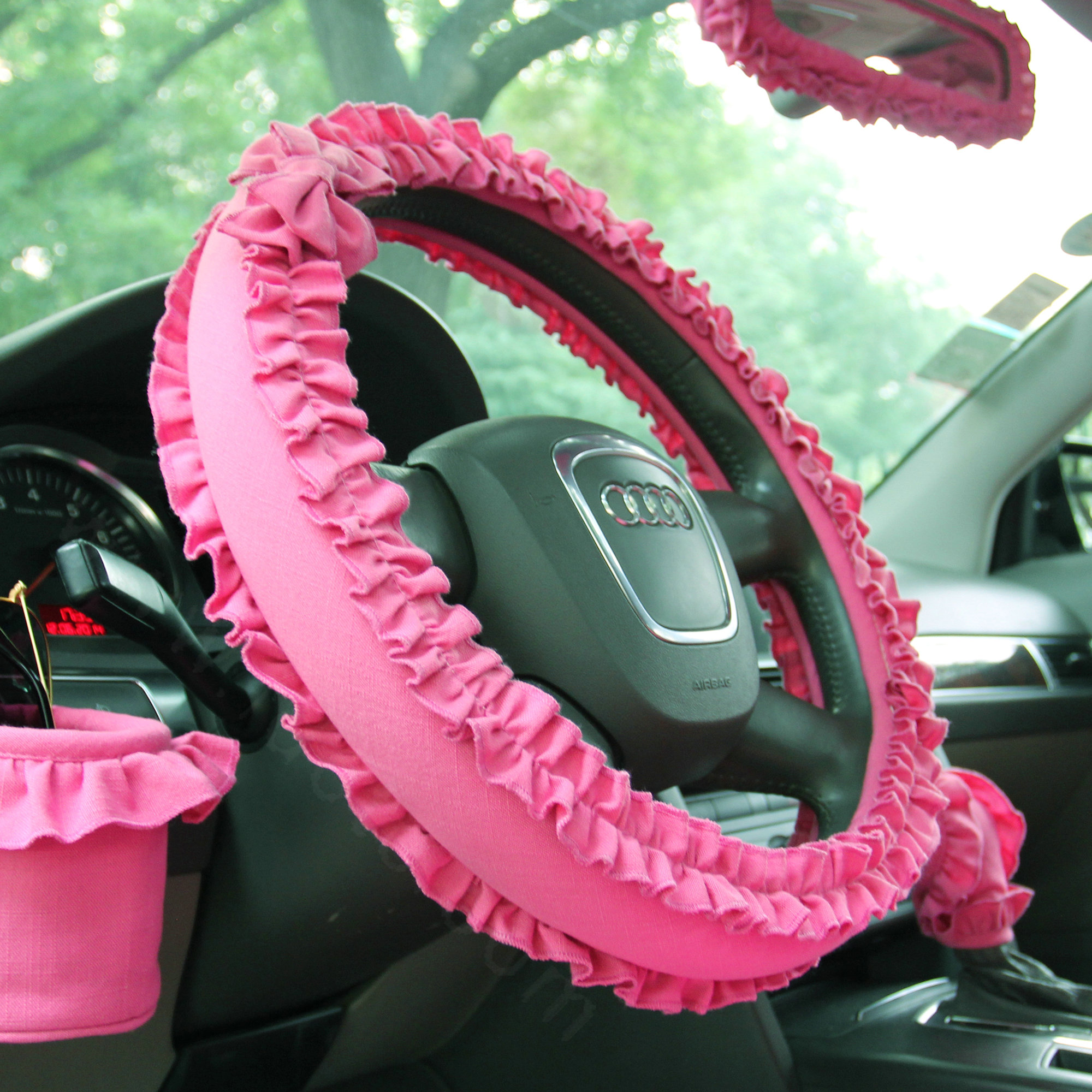 Princess Style Bowknot Lace Car Steering Wheel Covers Cotton 15 inch 38CM - Rose
