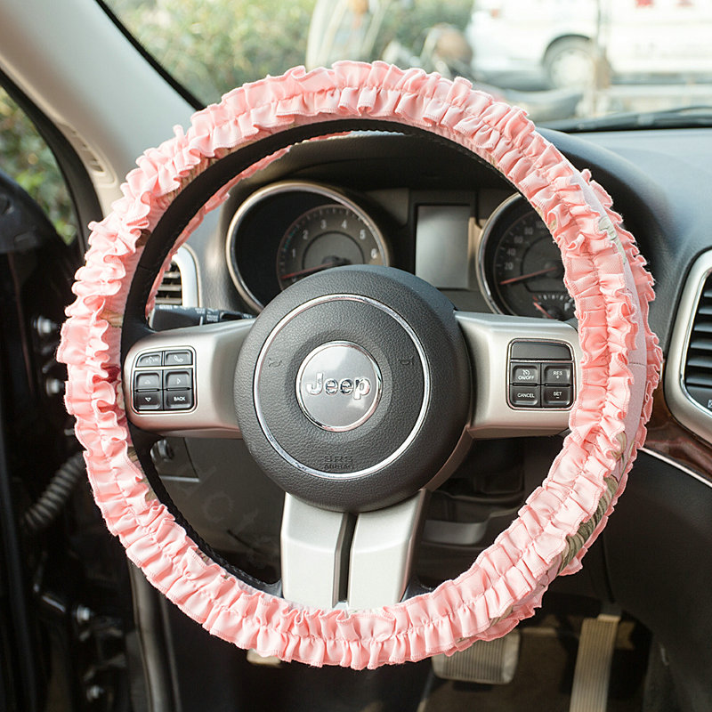 Winter Plush Cloth Fold Lace Universal Auto Steering Wheel Covers 15 inch 38CM - Pink