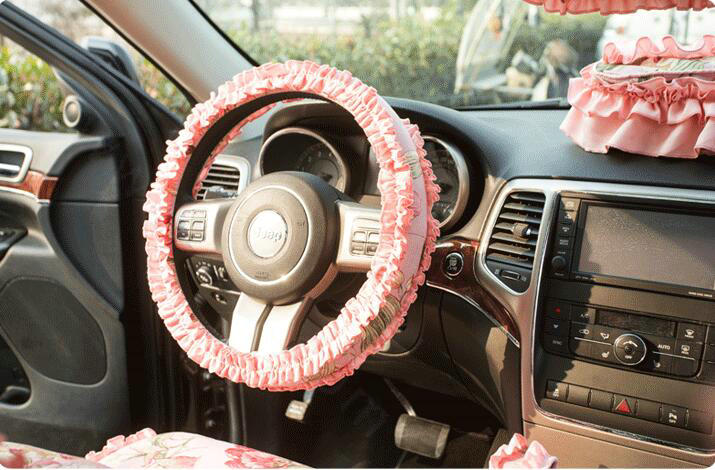 Winter Plush Cloth Fold Lace Universal Auto Steering Wheel Covers 15 inch 38CM - Pink