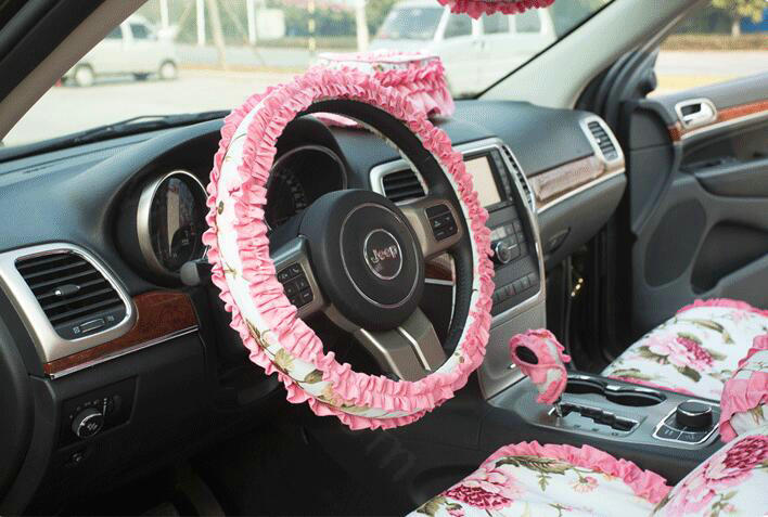 Winter Plush Cloth Fold Lace Universal Auto Steering Wheel Covers 15 inch 38CM - Rose