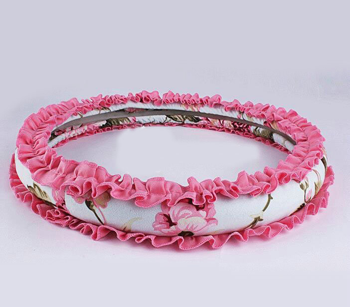 Winter Plush Cloth Fold Lace Universal Auto Steering Wheel Covers 15 inch 38CM - Rose