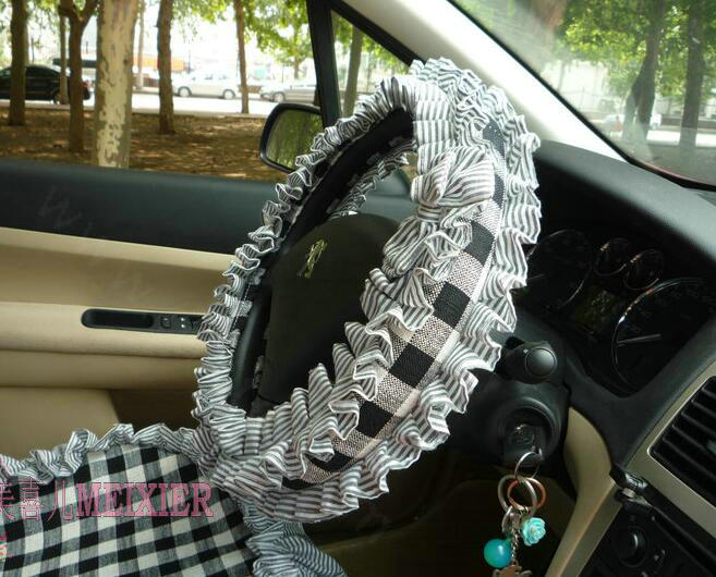 Women Checked Fold Lace Flax Car Steering Wheel Covers 15 inch 38CM - Black White