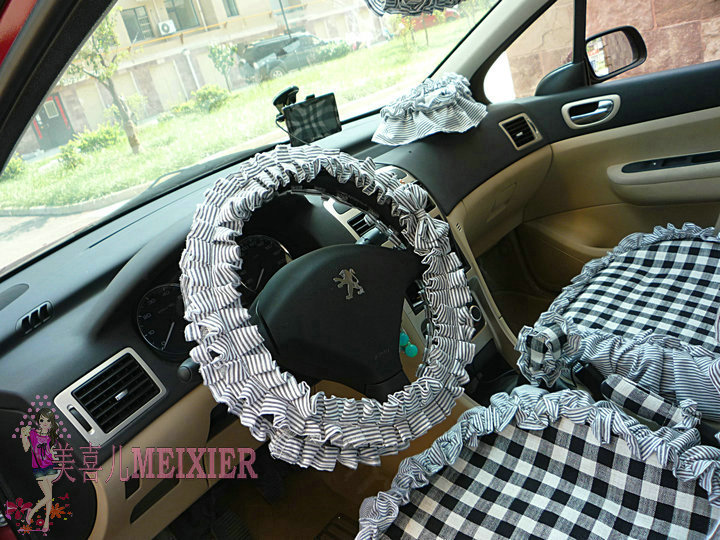 Women Checked Fold Lace Flax Car Steering Wheel Covers 15 inch 38CM - Black White