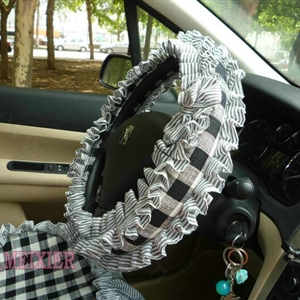 Women Checked Fold Lace Flax Car Steering Wheel Covers 15 inch 38CM - Black White