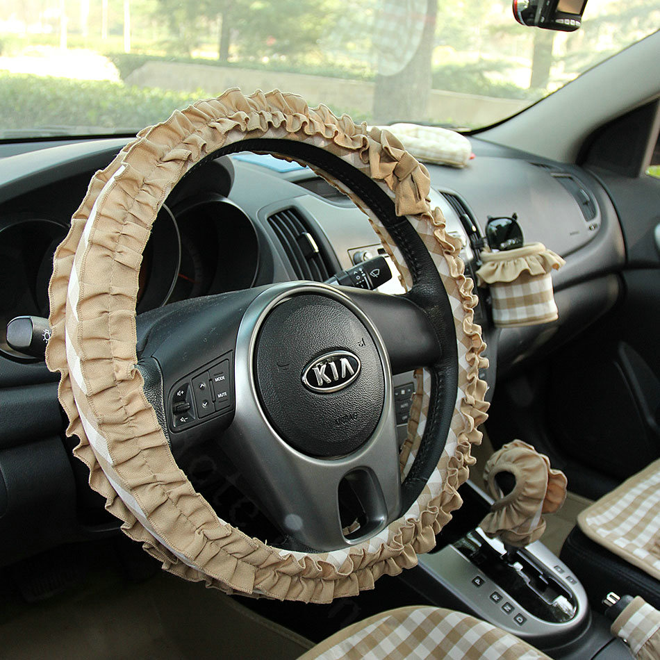 Women Elegant Plaid Lace Fold Car Steering Wheel Covers Cotton 15 inch 38CM - Coffee