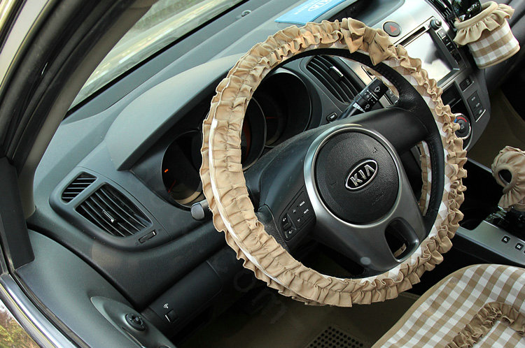 Women Elegant Plaid Lace Fold Car Steering Wheel Covers Cotton 15 inch 38CM - Coffee