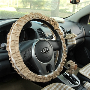 Women Elegant Plaid Lace Fold Car Steering Wheel Covers Cotton 15 inch 38CM - Coffee