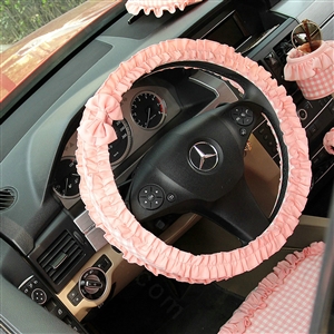 Women Elegant Plaid Lace Fold Car Steering Wheel Covers Cotton 15 inch 38CM - Pink