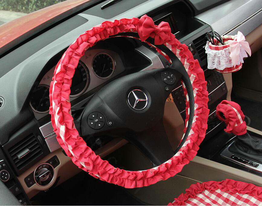Women Elegant Plaid Lace Fold Car Steering Wheel Covers Cotton 15 inch 38CM - Red