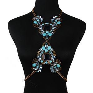 Alloy Rhinestone Flower Pendant Bib Necklace Bikini Beach Dress Decro Body Chain Jewelry - Blue