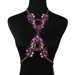 Alloy Rhinestone Flower Pendant Bib Necklace Bikini Beach Dress Decro Body Chain Jewelry - Purple