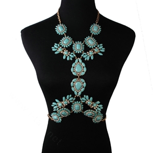 Alloy Rhinestone Flower Pendant Gem Necklace Bikini Beach Dress Decro Body Chain Jewelry - Blue