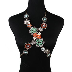 Alloy Rhinestone Flower Pendant Gem Necklace Bikini Beach Dress Decro Body Chain Jewelry - Colorful